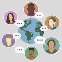 Chat with friends from all over the world. Color icons of people chatting. The World Wide Web. Planet in chat. vector