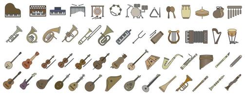 A simple set of colored musical instruments with a stroke. Images of various musical instruments. vector