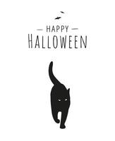 Black cat silhouette in minimalist style with text and bats. Happy Halloween greeting card design template vector