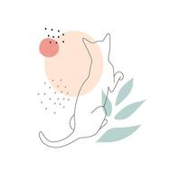 Abstract illustration with spots and cat. Line art trendy print with animal. Outline sketch drawing vector
