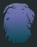 Graveyard silhouettes in the night. Cemetery black frame with spooky trees branches, flying bats and raven for Halloween greeting card vector