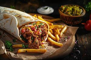 Close-up shot of fast food items. Beautiful simple AI image photo