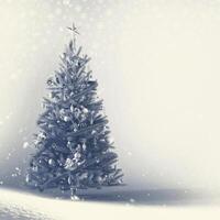Snowy Christmas tree with snowflakes on a white background with copy space. 3d render. photo