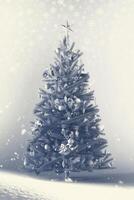 Snowy Christmas tree with snowflakes on a white background with copy space. 3d render. photo
