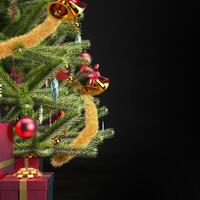 Christmas background with christmas tree, red gift boxes and copy space, 3D rendering photo