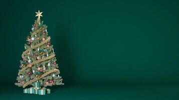 Christmas tree decorated with red and gold ornaments and presents on red background, 3D rendering. photo