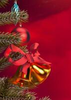Christmas background with close up christmas tree ornaments and copy space, 3D rendering. photo