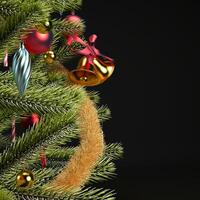 Christmas background with close up christmas tree and copy space, 3D rendering photo
