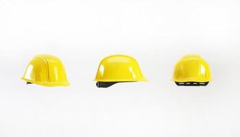Set of yellow hard hat isolated on white background, 3d render. Yellow helmet cutout for Labour Day concept. photo