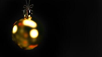Christmas gold ball close up isolated on black background with copy space, 3D rendering. photo