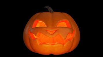 Jack o lantern glowing in the dark on black background. Scary Halloween pumpkin smiling.3D rendering photo