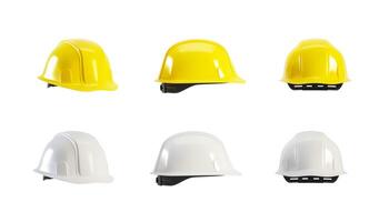 Set of hard hat isolated on white background, 3d render. Yellow and white helmet cutout for Labour Day concept. photo