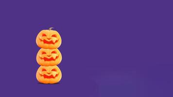 Halloween pumpkins smiles on purple background with copy space. Jack o lanterns. 3D rendering photo