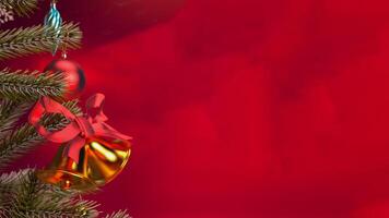 Christmas background with close up christmas tree ornaments and copy space. Happy new year red backdrop concept 3d render illustration. photo