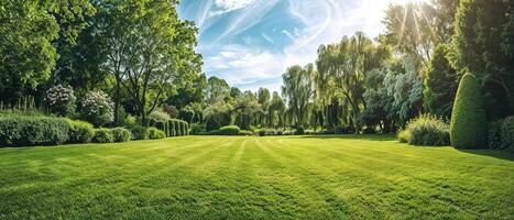 Manicured Lush, well maintained garden bathed in sunlight features vibrant green grass and a variety of trees and shrubs, Wide format image shot photo