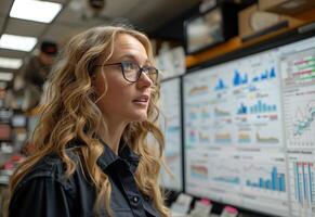 A woman with glasses looks attentively at financial data displayed on multiple computer screens, financial analysis chart photo
