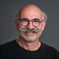 Portrait of a smiling elderly man with glasses and mustache photo