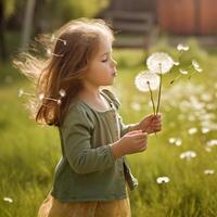 Little girl blowing dandelion, in a sunlit field and watching the seeds float away photo