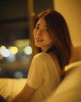 Asian Woman with medium length hair smiling warmly while sitting on a bed in a softly lit room photo