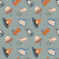 Seamless Camping Pattern with Cooking and Gear Icons vector