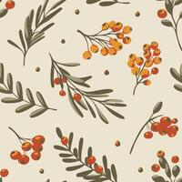 Autumn berries, twigs, branches with leaves seamless pattern. Fall wild forest berries and foliage repeat background. Thanksgiving festive hand drawn print. vector