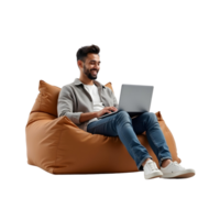 a man sitting on a brow bean bag chair using a laptop isolated on transparent background png