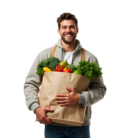 man holding a paper bag full of vegetables,, isolated on transparent background png