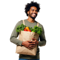 happy african american man holding a paper bag with vegetables, , isolated on transparent background png