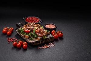 Variation of several toasts or bruschetta with prosciutto, mushrooms and veal photo