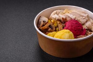 Asian dish with sliced chicken fillet, buckwheat noodles, soy sauce photo