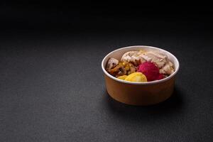 Asian dish with sliced chicken fillet, buckwheat noodles, soy sauce photo