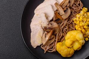 Asian dish with sliced chicken fillet, buckwheat noodles, soy sauce photo