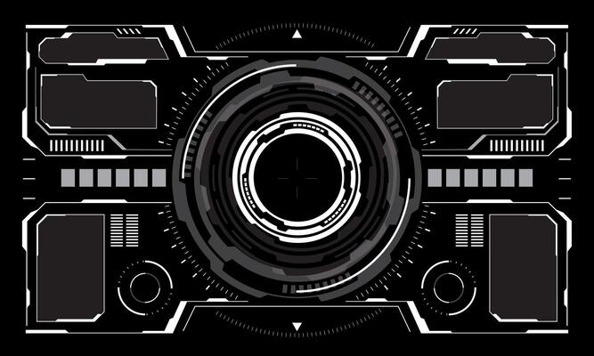 HUD sci-fi interface screen view white circular geometric design virtual futuristic technology creative display on black
