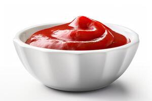 A bowl of ketchup on a white surface photo
