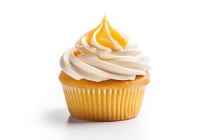 A cupcake with yellow frosting on top photo