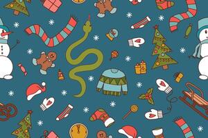 Seamless pattern of New Year elements and snake symbol of 2025. vector