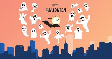 Cute autumn backgrounds with ghosts, spider web, bats. Colorful template for social media post, flyer, postcard design. . vector