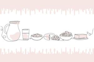 Dairy products in continuous line drawing style. Milk, sour cream, cottage cheese, cheese, butter black linear sketch isolated on a white background. illustration. vector