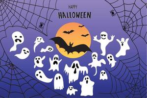 Cute autumn backgrounds with ghosts, spider web, bats. Colorful template for social media post, flyer, postcard design. . vector
