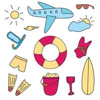 A set for a summer trip, hand-drawn in doodles. Flat illustrations on a white background. vector