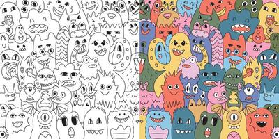 Funny big coloring poster in doodle style. Big coloring and colorful illustration with monsters. vector