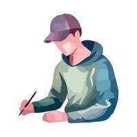 A man in a cap is writing with a pen vector