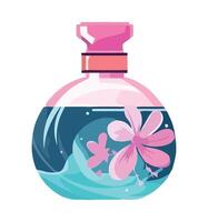 A bottle of perfume with pink flowers and water vector