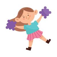 A girl is jumping with two pieces of puzzle vector