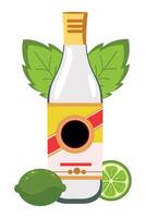 A bottle of vodka with lime and leaves vector