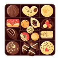 A chocolate box with various types of chocolates vector