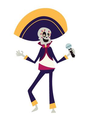 A cartoon skeleton in a sombreno holding a microphone