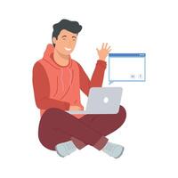 A man sitting on the floor with a laptop and a speech bubble vector