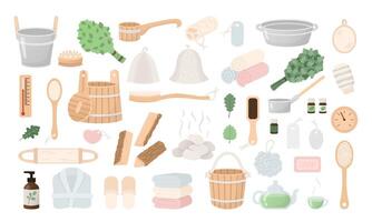 Sauna items set in cartoon flat style. Spa, hammam icons, hand drawn design elements. vector