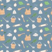 Seamless pattern with sauna spa items in cartoon flat style on dark blue background. vector